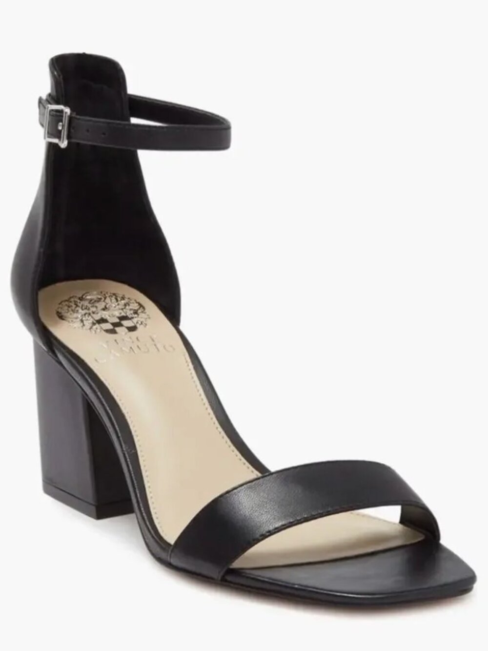 Vince Camuto Margry Black Leather Ankle Strap Block Heel Sandals Open Toe 6.5M